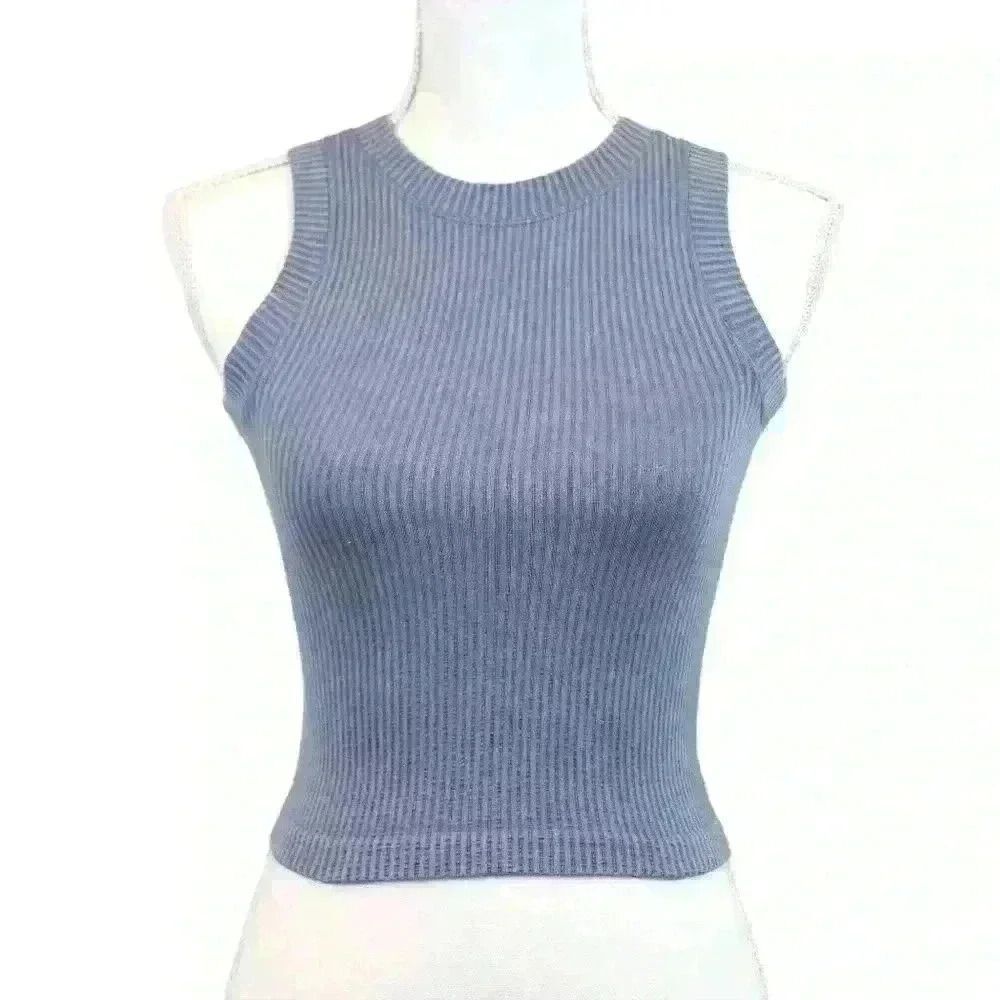 Aura Blue Sleeveless‎ Cropped High Neck Rib Knit Stretch Tank Top Size XS